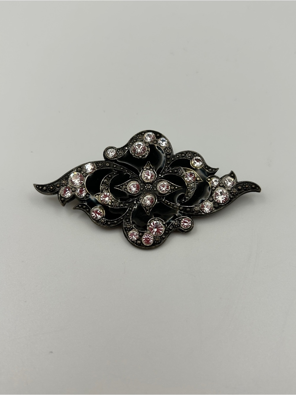 Catherine Popesco France Silver Tone Black Enamel Rhinestone Brooch Pin